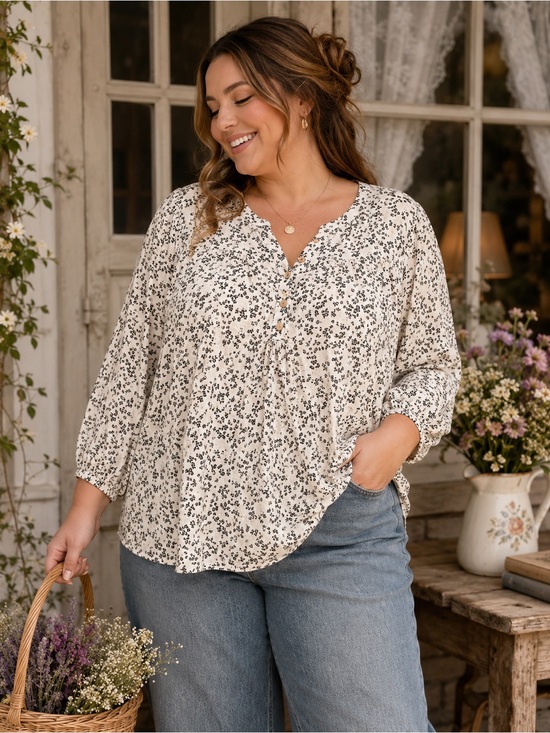 Denver Hayes Tops - Denver Hayes Floral Henley Top | 2XL | Cottagecore Boho Blouse